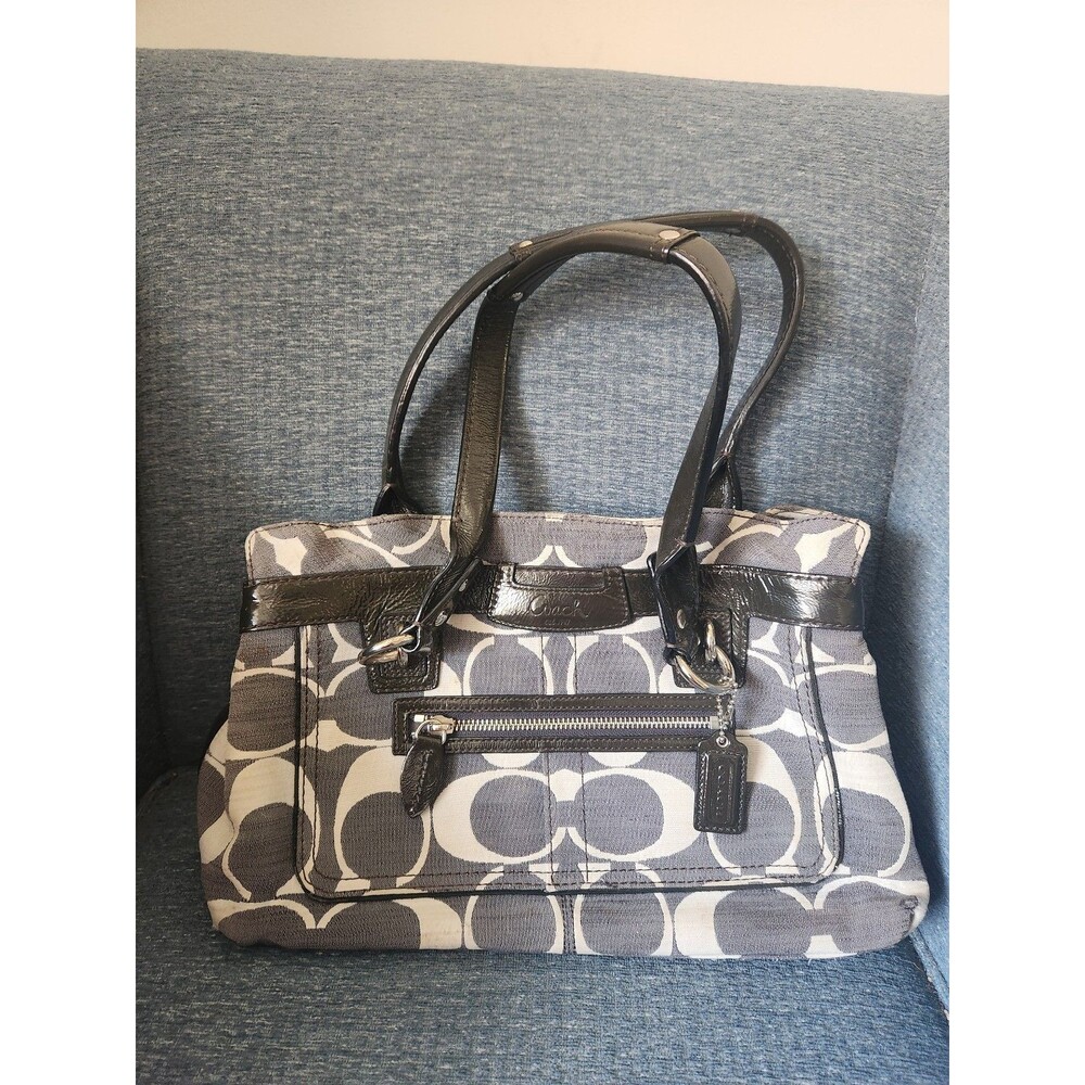Coach Y2K Penelope Gray & White Linen Blend Tote w/ Black Leather Trim